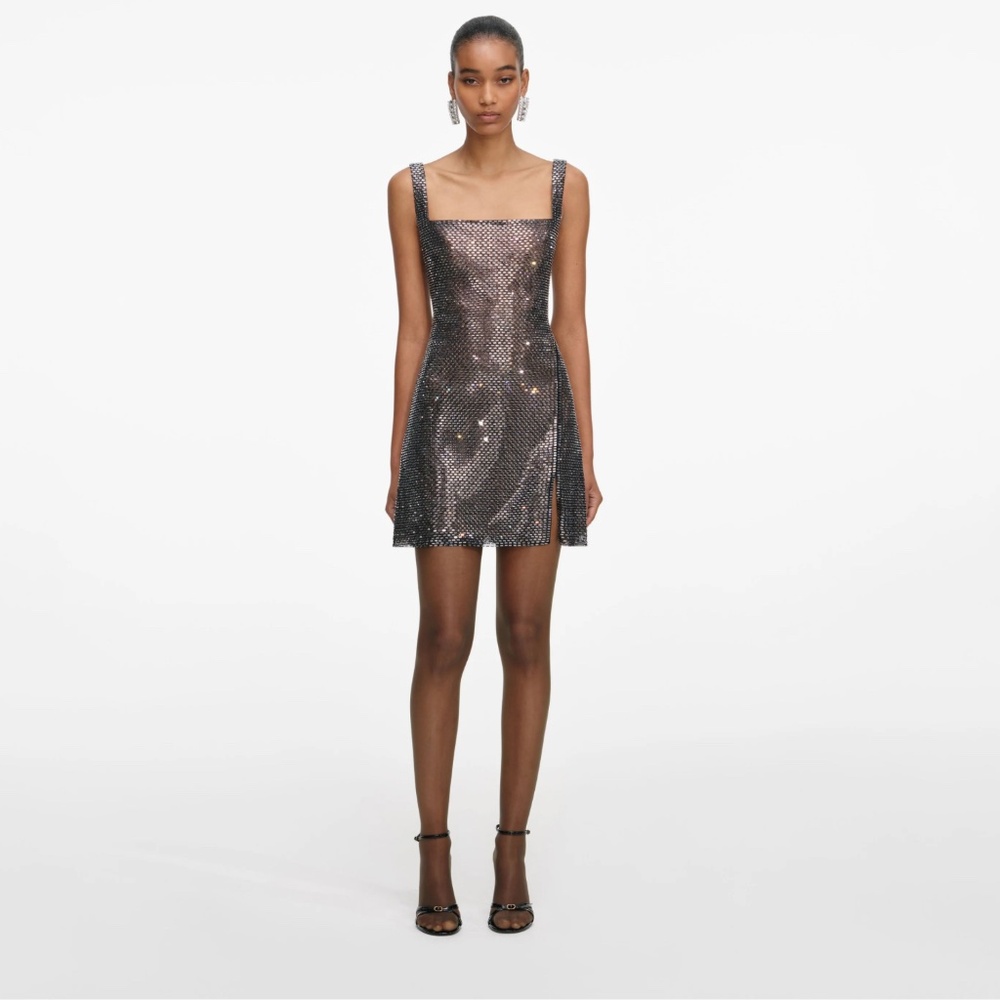 Self Portrait Gunmetal Rhinestone Mesh Mini Dress